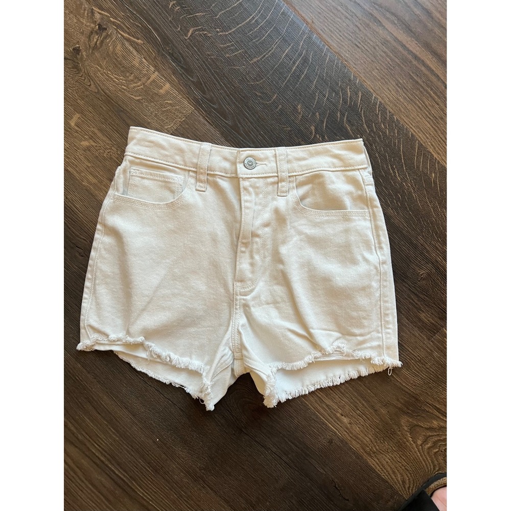 Hollister Ultra High Rise Mom Shorts Vintage Stretch Frayed Hem Tan 25